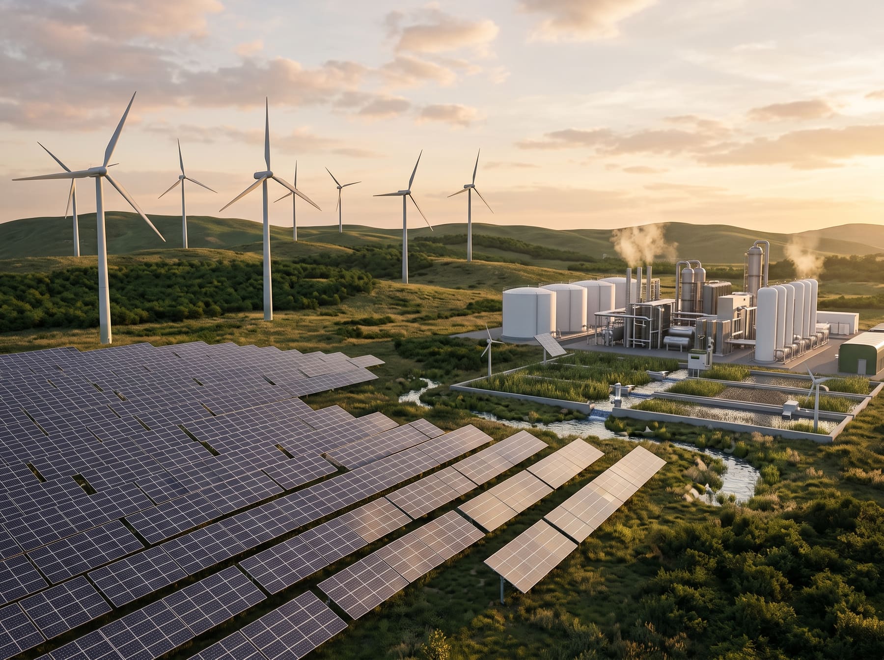 Solarpark, Windräder und eine Wasserstoffanlage in grüner Hügellandschaft