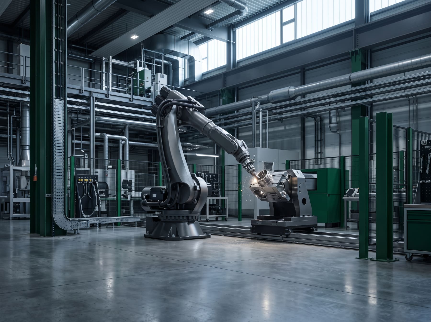 Industrieroboter bearbeitet ein Metallbauteil in einer modernen Fabrikhalle