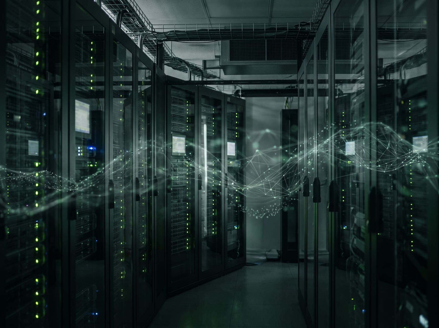 Rechenzentrum mit Serverreihen und angedeuteten Datenströmen